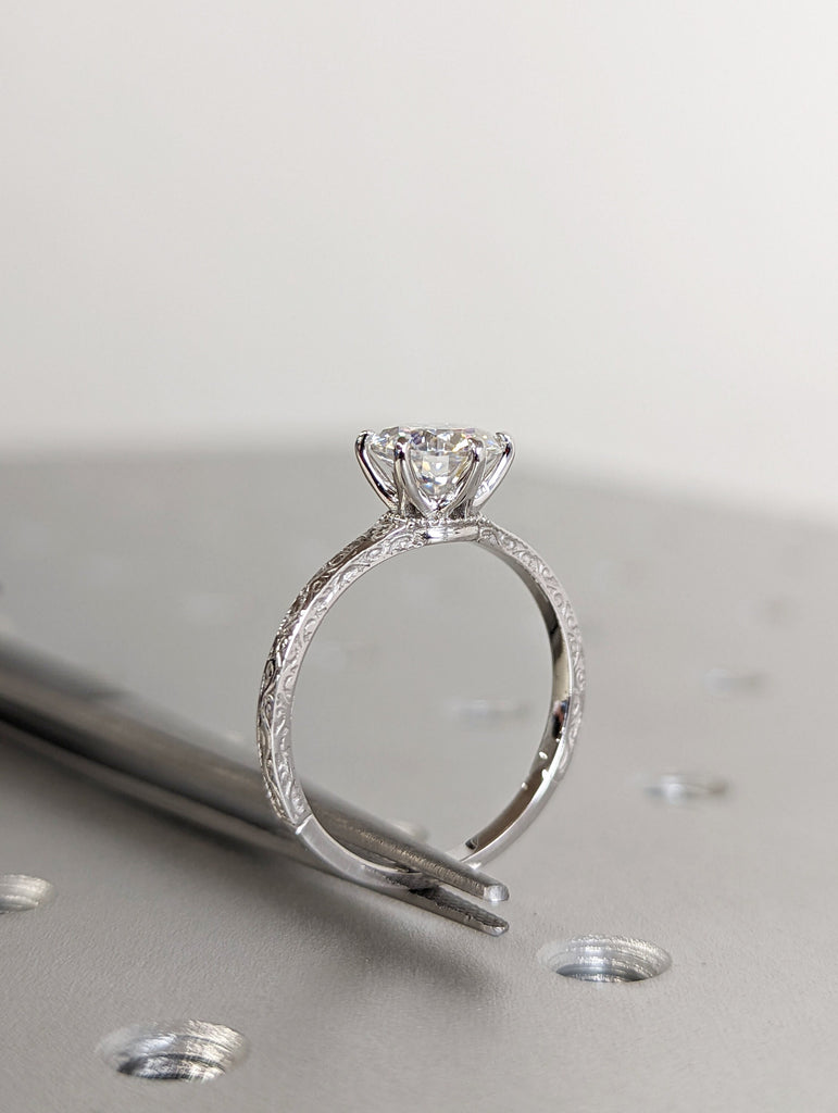 Round Cut Vintage Ring | 1.5 CT Round Colorless Moissanite Ring | Engagement Ring Set | Milgarain Setting | Antique Ring | 14K 18K Gold