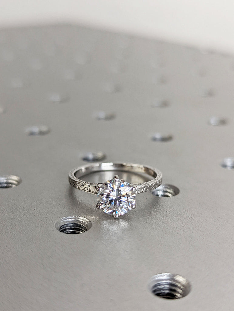 Round Cut Vintage Ring | 1.5 CT Round Colorless Moissanite Ring | Engagement Ring Set | Milgarain Setting | Antique Ring | 14K 18K Gold