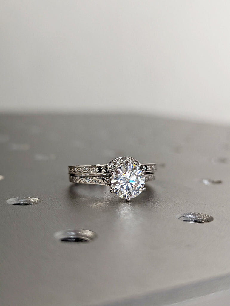Round Cut Vintage Ring | 1.5 CT Round Colorless Moissanite Ring | Engagement Ring Set | Milgarain Setting | Antique Ring | 14K 18K Gold