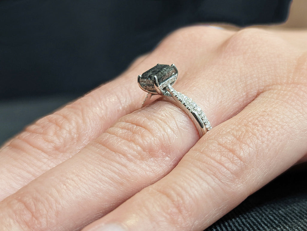 1.5 Carat 1920's Raw Salt and Pepper Diamond, Emerald Diamond Ring, Unique Engagement Ring, hidden halo ring