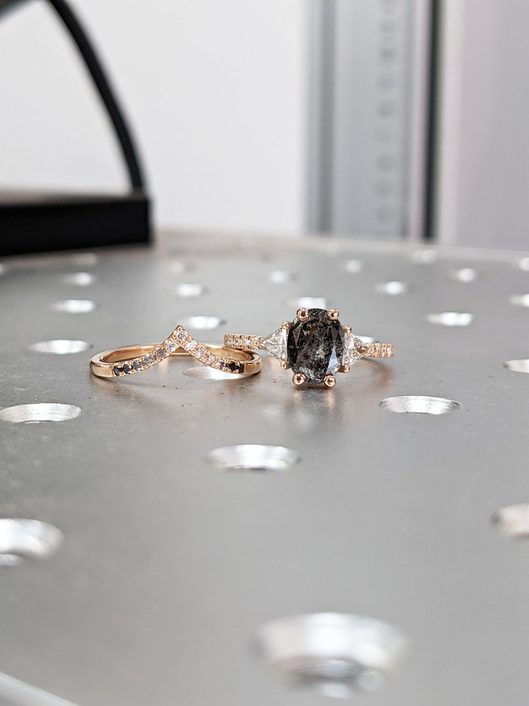 Raw Diamond Oval Triangle Diamond, Salt and Pepper, Unique Engagement Ring, Rose Cut Geometric Diamond Ring, 14k Gold, Custom Handmade