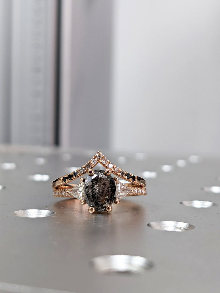 Raw Diamond Oval Triangle Diamond, Salt and Pepper, Unique Engagement Ring, Rose Cut Geometric Diamond Ring, 14k Gold, Custom Handmade