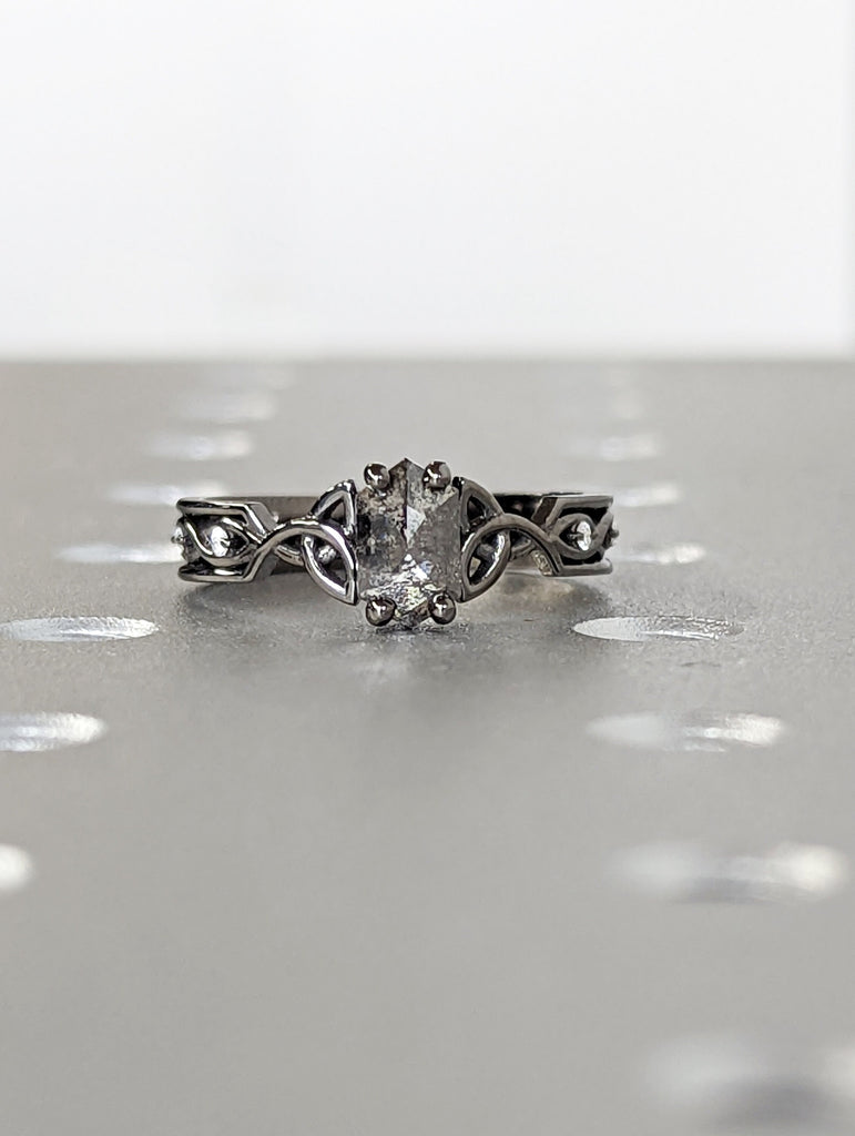 Unique Hexagon Diamond Vintage Celtic Engagement Ring Bridal Set, Salt And Pepper Diamond Hexagon Shaped Set, Twisted Engagement Ring