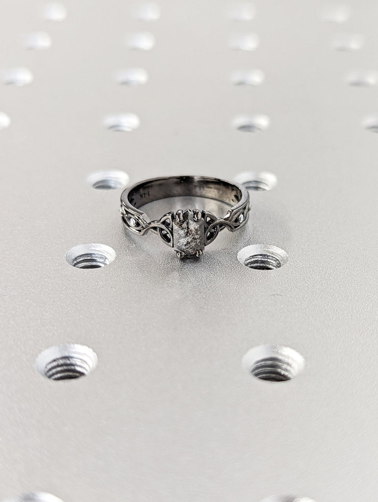 Unique Hexagon Diamond Vintage Celtic Engagement Ring Bridal Set, Salt And Pepper Diamond Hexagon Shaped Set, Twisted Engagement Ring