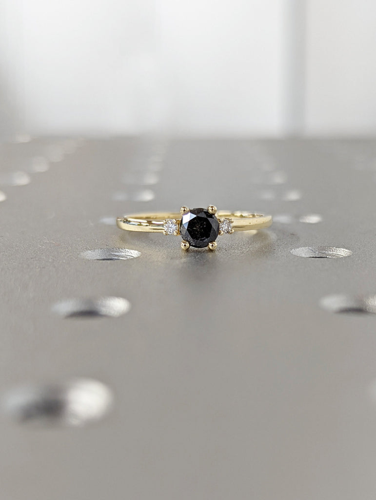 Raw Diamond, Salt and Pepper, Round Cut, Unique Engagement Ring, Rose Cut Geometric Diamond Ring, 14k Gold, Custom Handmade