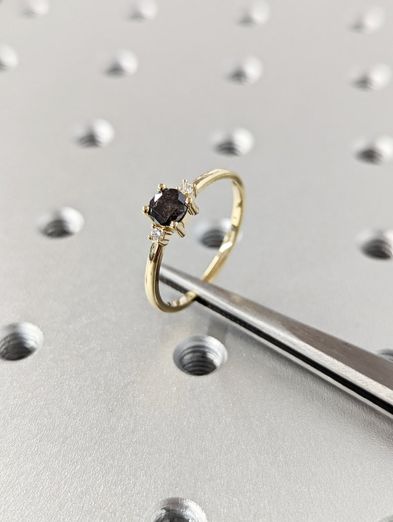Raw Diamond, Salt and Pepper, Round Cut, Unique Engagement Ring, Rose Cut Geometric Diamond Ring, 14k Gold, Custom Handmade