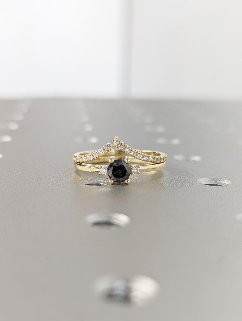 Raw Diamond, Salt and Pepper, Round Cut, Unique Engagement Ring, Rose Cut Geometric Diamond Ring, 14k Gold, Custom Handmade