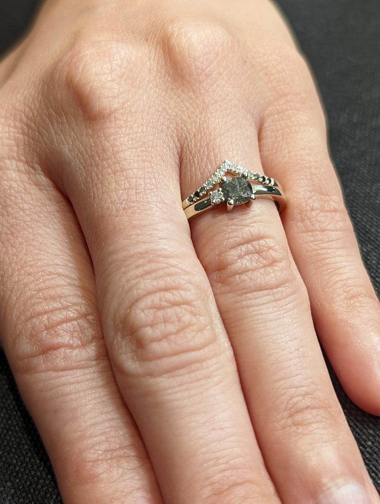 Salt And Pepper Cushion Diamond Ring 14K Solid Rose White Yellow Gold Ring Engagement Wedding Gift Ring, Multi stone Anniversary, 2 stone