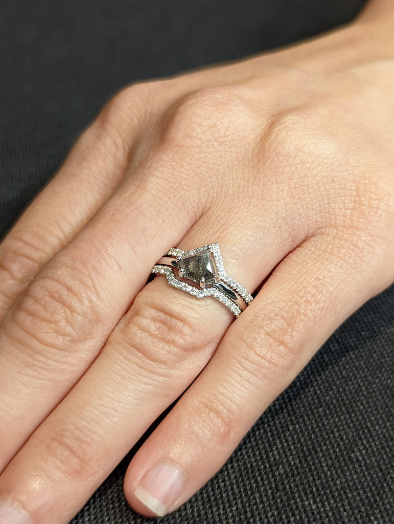 0.75 Carat Raw Salt and Pepper Diamond, Pentagon Diamond Ring, Unique Engagement Bridal Set, Black, Gray Pear, 14k Yellow, Rose White Gold