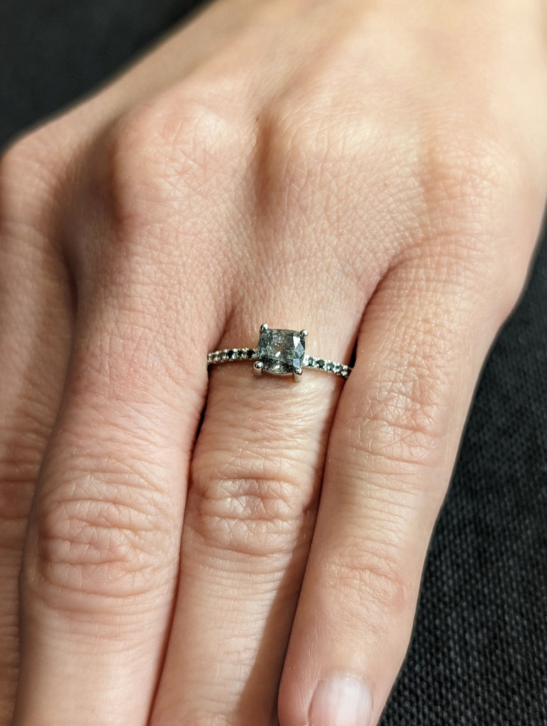 0.75 Carat 1920's Raw Salt and Pepper Diamond, Cushion Diamond Ring, Unique Engagement Bridal, Black, Gray 14k Yellow, Rose White Gold