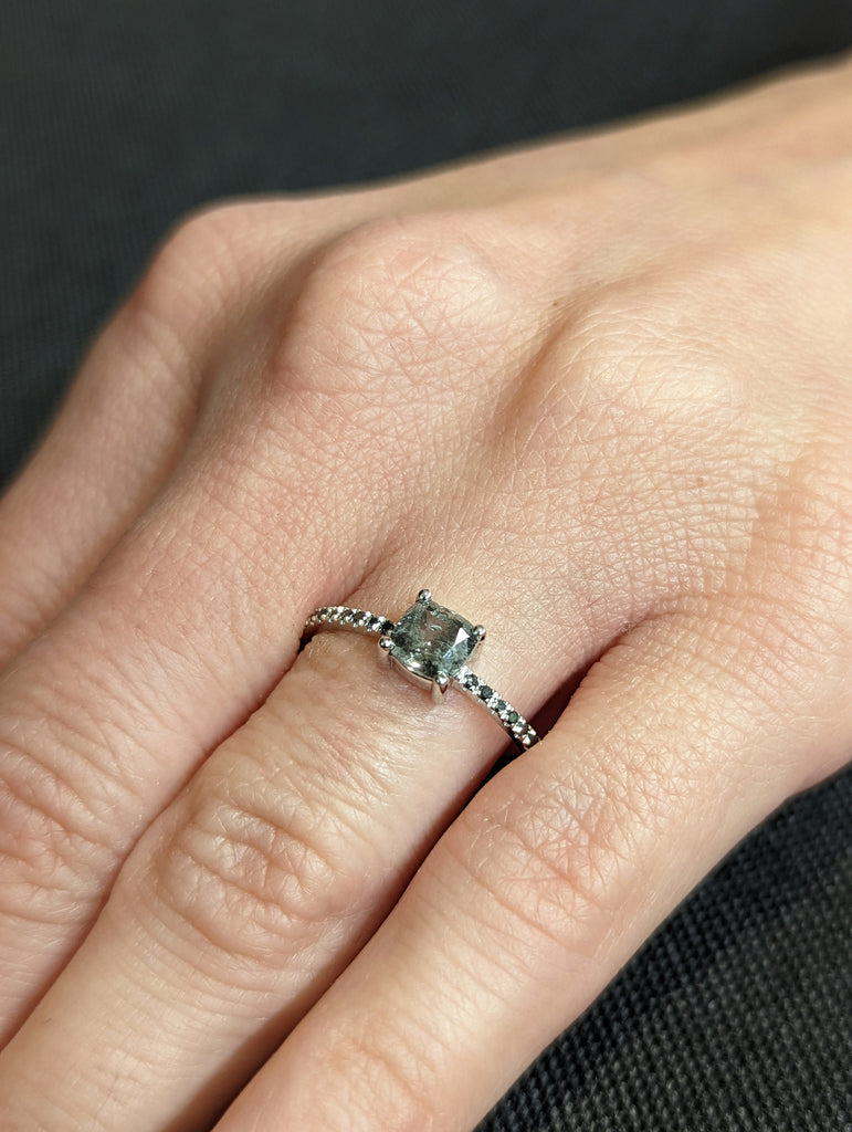 0.75 Carat 1920's Raw Salt and Pepper Diamond, Cushion Diamond Ring, Unique Engagement Bridal, Black, Gray 14k Yellow, Rose White Gold