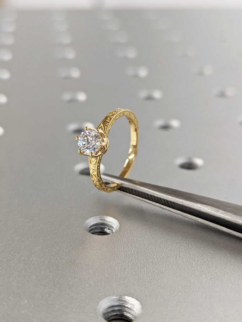 Round Cut Vintage Ring | 0.5 CT Round Colorless Moissanite Ring | Engagement Ring | Milgarain Setting | Antique Ring | 14K 18K Gold