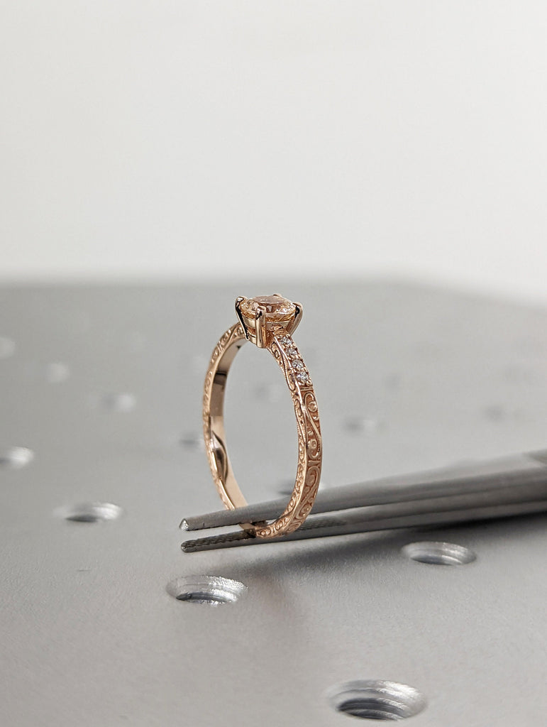 Morganite Engagement Ring, Vintage Floral Morganite Ring, Rose Gold Floral Engagement Ring, Nature Inspired Leaf Morganite Ring