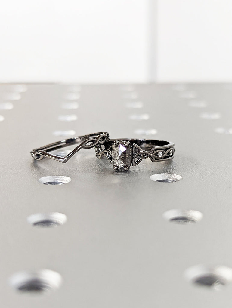 Unique Hexagon Diamond Vintage Celtic Engagement Ring Bridal Set, Salt And Pepper Diamond Hexagon Shaped Set, Twisted Engagement Ring