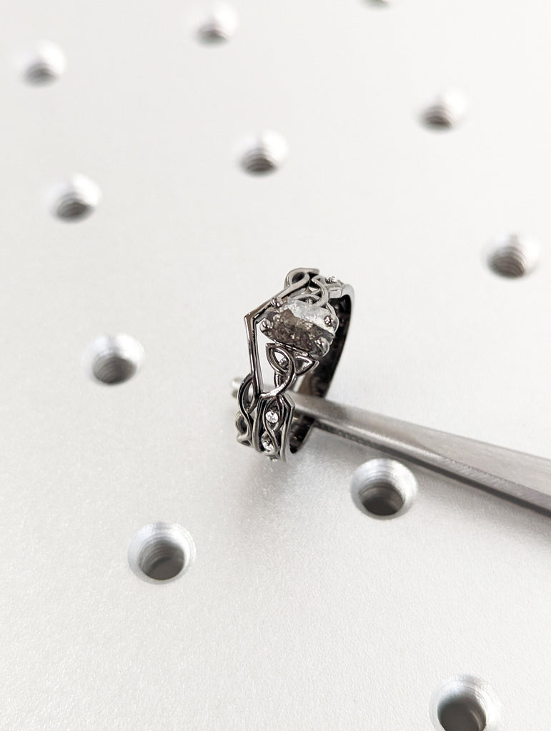 Unique Hexagon Diamond Vintage Celtic Engagement Ring Bridal Set, Salt And Pepper Diamond Hexagon Shaped Set, Twisted Engagement Ring
