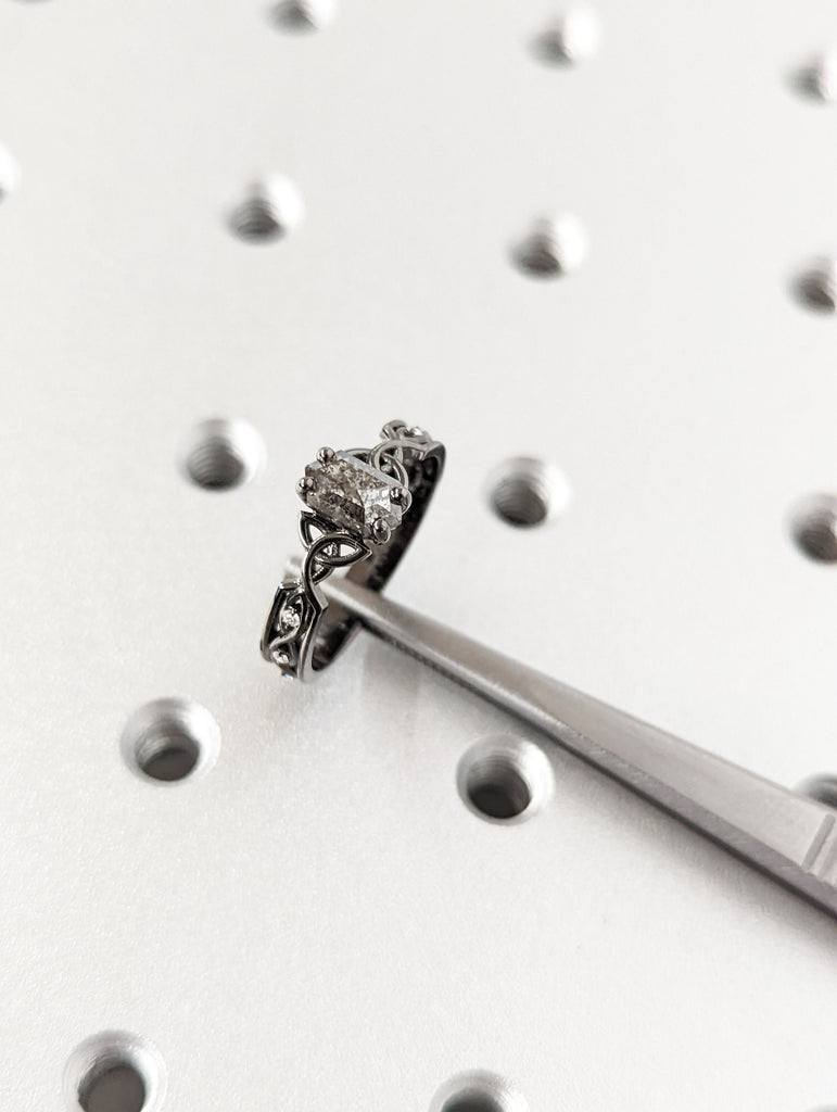 Unique Hexagon Diamond Vintage Celtic Engagement Ring Bridal Set, Salt And Pepper Diamond Hexagon Shaped Set, Twisted Engagement Ring