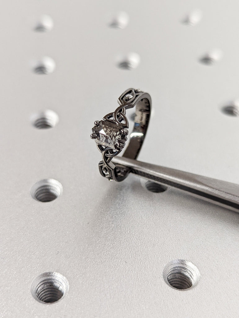 Unique Hexagon Diamond Vintage Celtic Engagement Ring Bridal Set, Salt And Pepper Diamond Hexagon Shaped Set, Twisted Engagement Ring