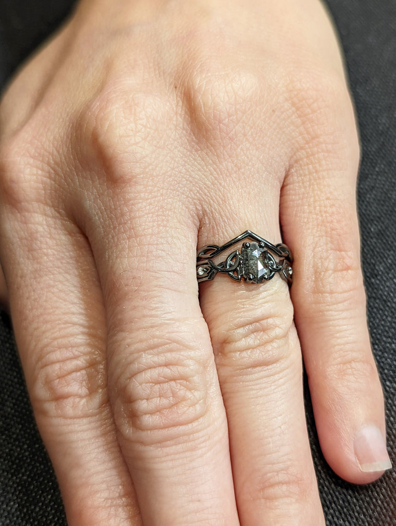 Unique Hexagon Diamond Vintage Celtic Engagement Ring Bridal Set, Salt And Pepper Diamond Hexagon Shaped Set, Twisted Engagement Ring