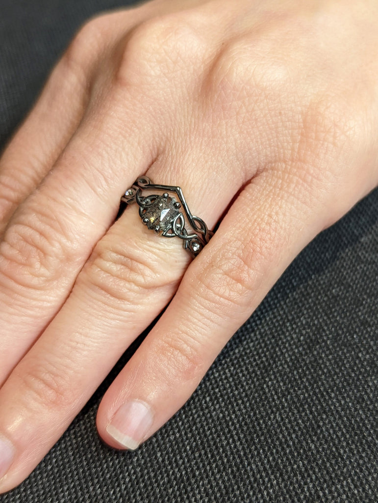 Unique Hexagon Diamond Vintage Celtic Engagement Ring Bridal Set, Salt And Pepper Diamond Hexagon Shaped Set, Twisted Engagement Ring