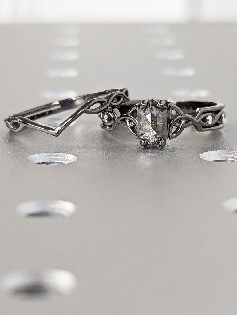 Unique Hexagon Diamond Vintage Celtic Engagement Ring Bridal Set, Salt And Pepper Diamond Hexagon Shaped Set, Twisted Engagement Ring