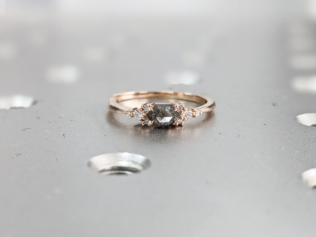 Hexagon Salt and Pepper Diamond Wedding Ring, Unique Diamond Wedding Band, Wedding Engagement Ring, Minimalist Diamond Ring