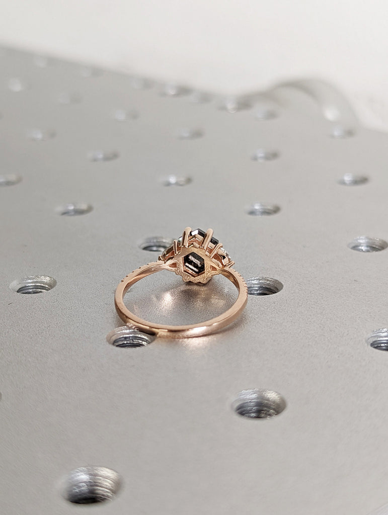 Raw Diamond Hexagon Half Moon Diamond, Salt and Pepper, Unique Engagement Ring, Rose Cut Geometric Diamond Ring, 14k Gold, Custom Handmade