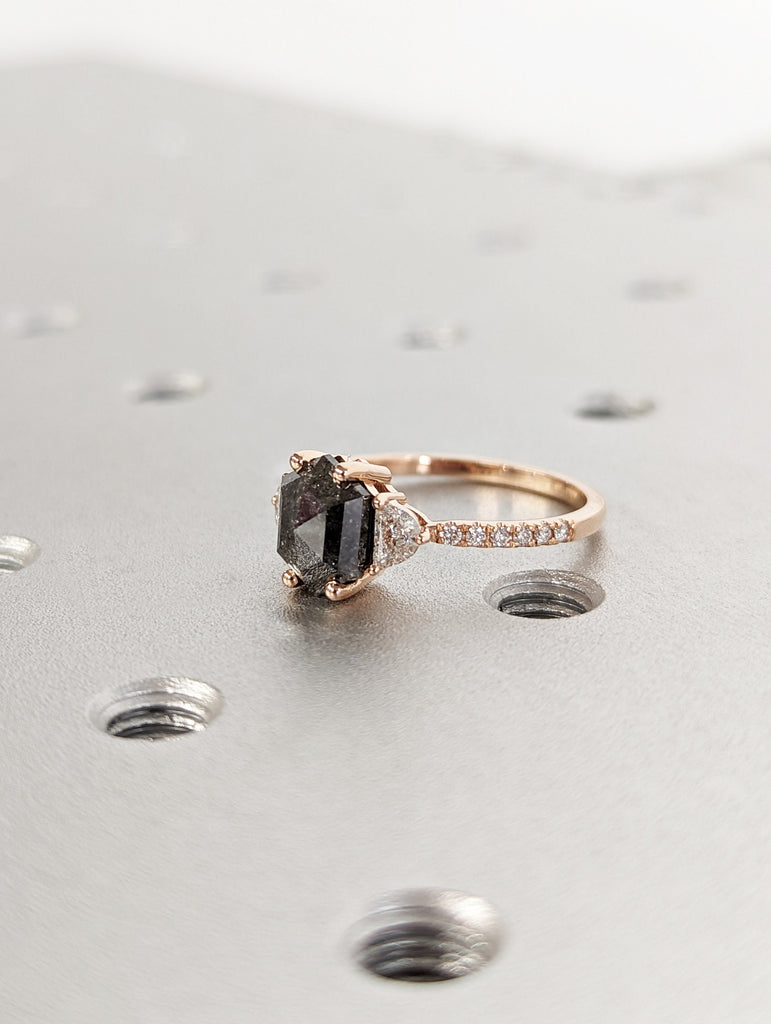 Raw Diamond Hexagon Half Moon Diamond, Salt and Pepper, Unique Engagement Ring, Rose Cut Geometric Diamond Ring, 14k Gold, Custom Handmade