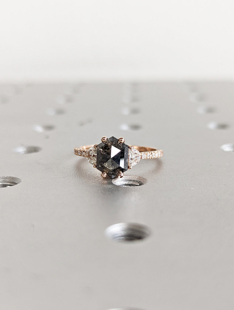 Raw Diamond Hexagon Half Moon Diamond, Salt and Pepper, Unique Engagement Ring, Rose Cut Geometric Diamond Ring, 14k Gold, Custom Handmade