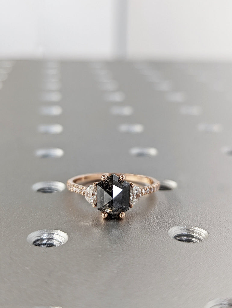 Raw Diamond Hexagon Half Moon Diamond, Salt and Pepper, Unique Engagement Ring, Rose Cut Geometric Diamond Ring, 14k Gold, Custom Handmade