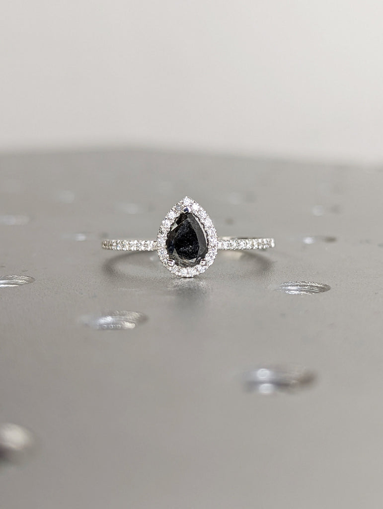 1920's Raw Salt and Pepper Diamond Halo, Pear Diamond Halo Ring, Unique Engagement Bridal Set, Black, Gray Pear, 14k Yellow Rose White Gold