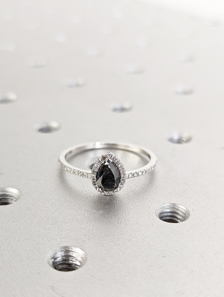 1920's Raw Salt and Pepper Diamond Halo, Pear Diamond Halo Ring, Unique Engagement Bridal Set, Black, Gray Pear, 14k Yellow Rose White Gold