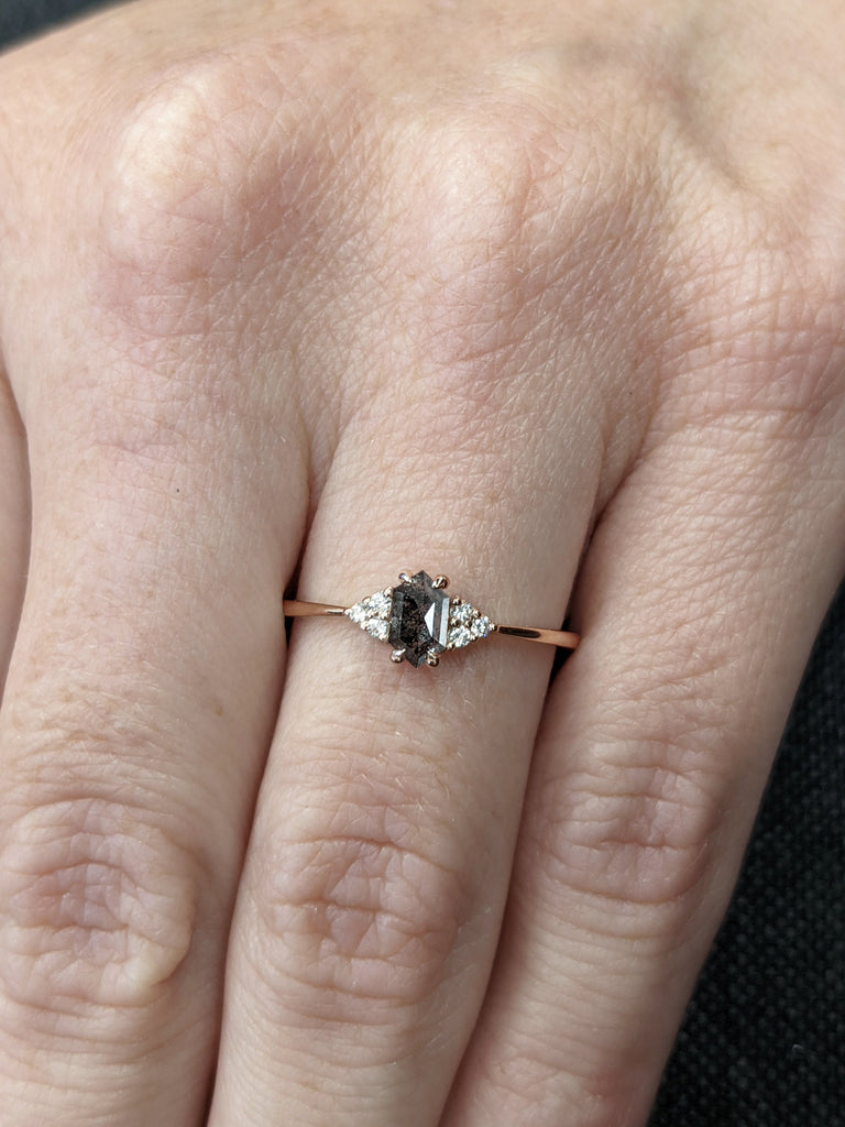 Vintage salt and pepper diamond engagement ring rose gold engagement ring diamond cluster ring wedding Bridal Anniversary Hexagon Cut