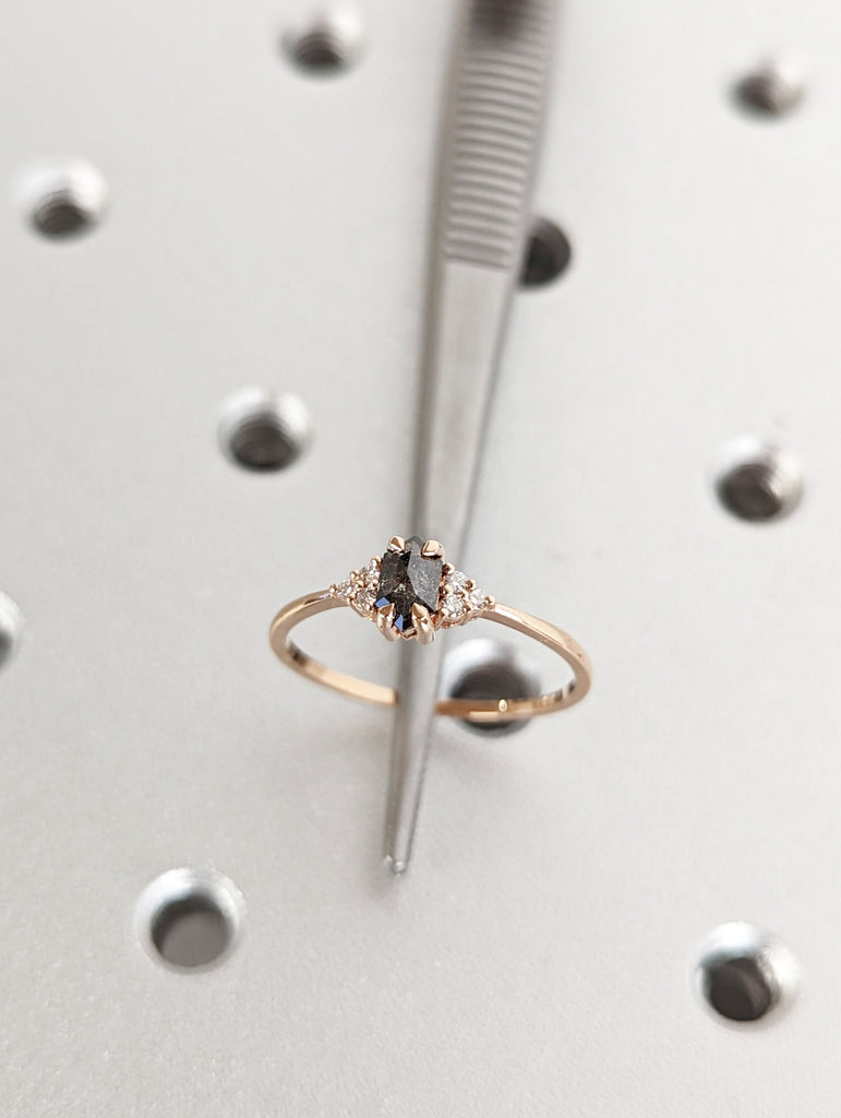 Vintage salt and pepper diamond engagement ring rose gold engagement ring diamond cluster ring wedding Bridal Anniversary Hexagon Cut