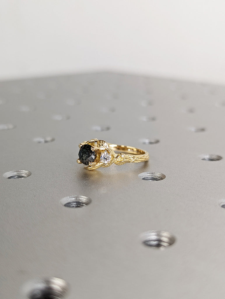 Salt & Pepper Diamond Engagement Ring, Black Diamond Ring, Yellow Gold Ring, Rose Gold Diamond Engagement ring, Black Gold Engagement Ring