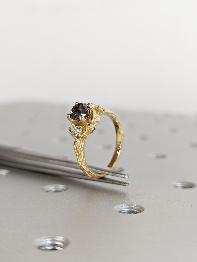 Salt & Pepper Diamond Engagement Ring, Black Diamond Ring, Yellow Gold Ring, Rose Gold Diamond Engagement ring, Black Gold Engagement Ring