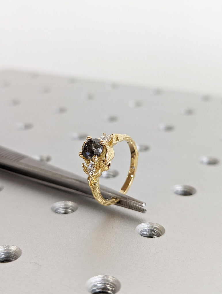 Salt & Pepper Diamond Engagement Ring, Black Diamond Ring, Yellow Gold Ring, Rose Gold Diamond Engagement ring, Black Gold Engagement Ring