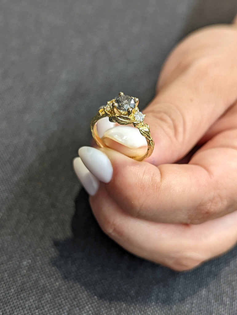 Salt & Pepper Diamond Engagement Ring, Black Diamond Ring, Yellow Gold Ring, Rose Gold Diamond Engagement ring, Black Gold Engagement Ring