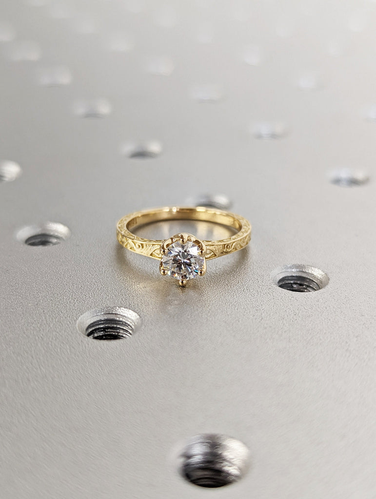 Round Cut Vintage Ring | 0.5 CT Round Colorless Moissanite Ring | Engagement Ring | Milgarain Setting | Antique Ring | 14K 18K Gold