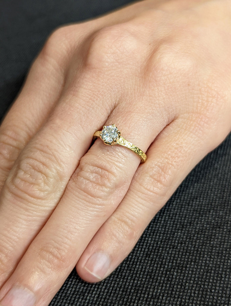 Round Cut Vintage Ring | 0.5 CT Round Colorless Moissanite Ring | Engagement Ring | Milgarain Setting | Antique Ring | 14K 18K Gold