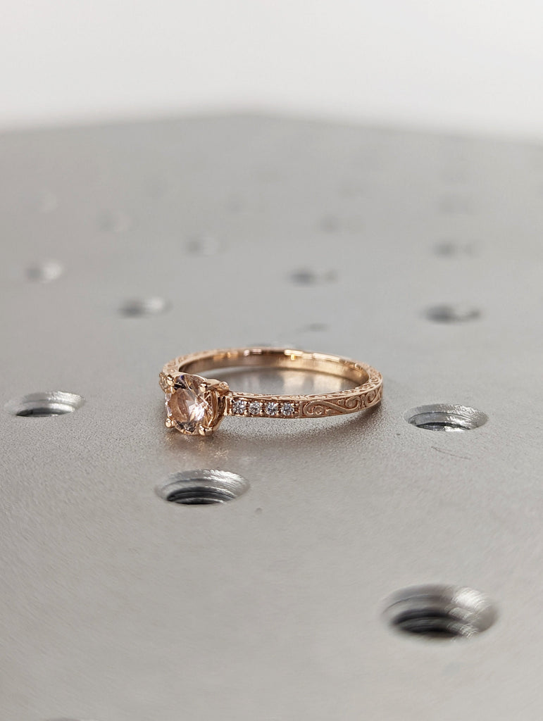 Morganite Engagement Ring, Vintage Floral Morganite Ring, Rose Gold Floral Engagement Ring, Nature Inspired Leaf Morganite Ring