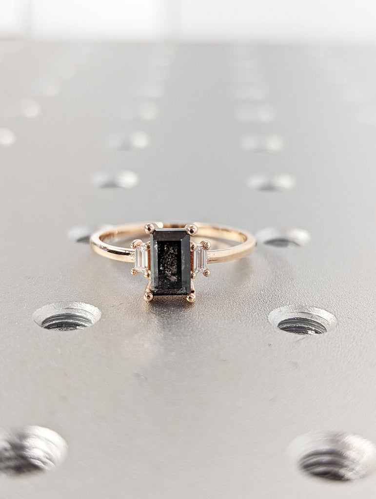 Raw Diamond baguette Diamond, Salt and Pepper, Unique Bridal Set, Rose Cut Geometric Diamond Engagement Ring, Custom Handmade