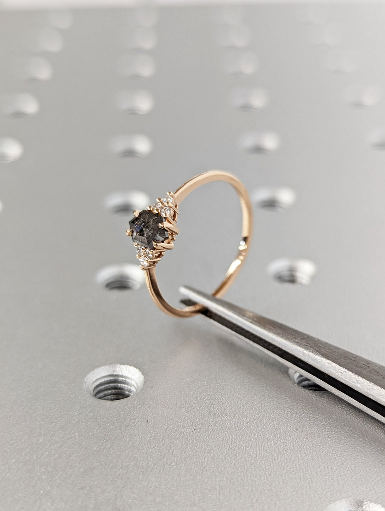 Vintage salt and pepper diamond engagement ring rose gold engagement ring diamond cluster ring wedding Bridal Anniversary Hexagon Cut