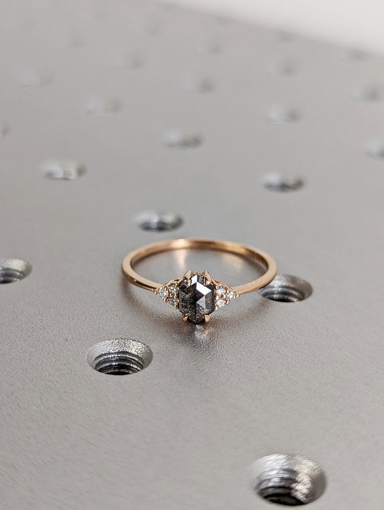 Vintage salt and pepper diamond engagement ring rose gold engagement ring diamond cluster ring wedding Bridal Anniversary Hexagon Cut