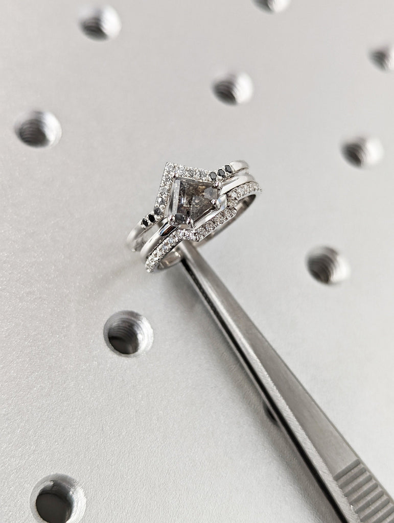 1920's Raw Salt and Pepper Diamond, Pentagon Diamond Ring, Unique Engagement Bridal Set, Black, Gray Pear, 14k Yellow, Rose, or White Gold