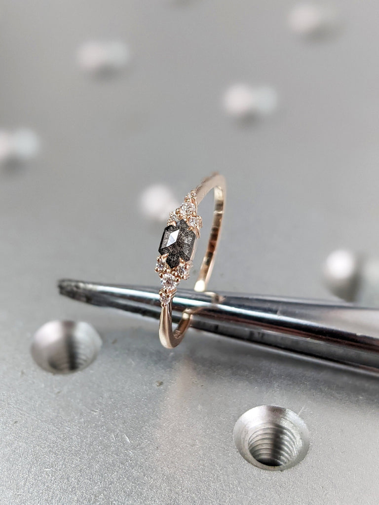 Vintage salt and pepper diamond engagement ring rose gold engagement ring diamond cluster ring wedding Bridal Anniversary Hexagon Cut