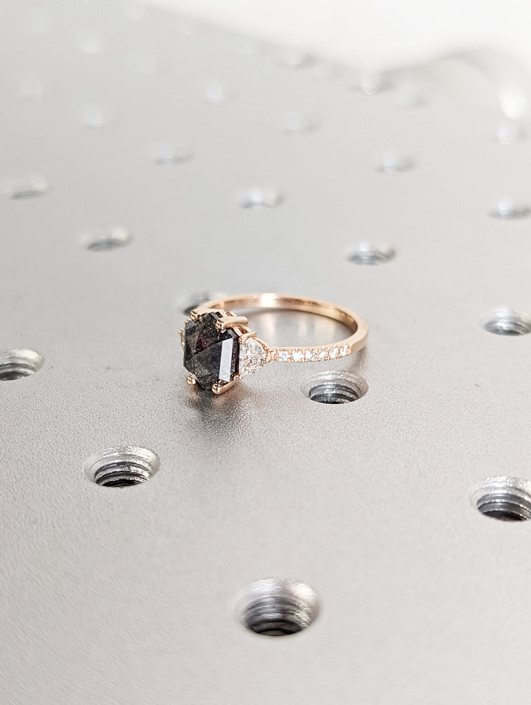 Raw Diamond Hexagon Half Moon Diamond, Salt and Pepper, Unique Engagement Ring, Rose Cut Geometric Diamond Ring, 14k Gold, Custom Handmade