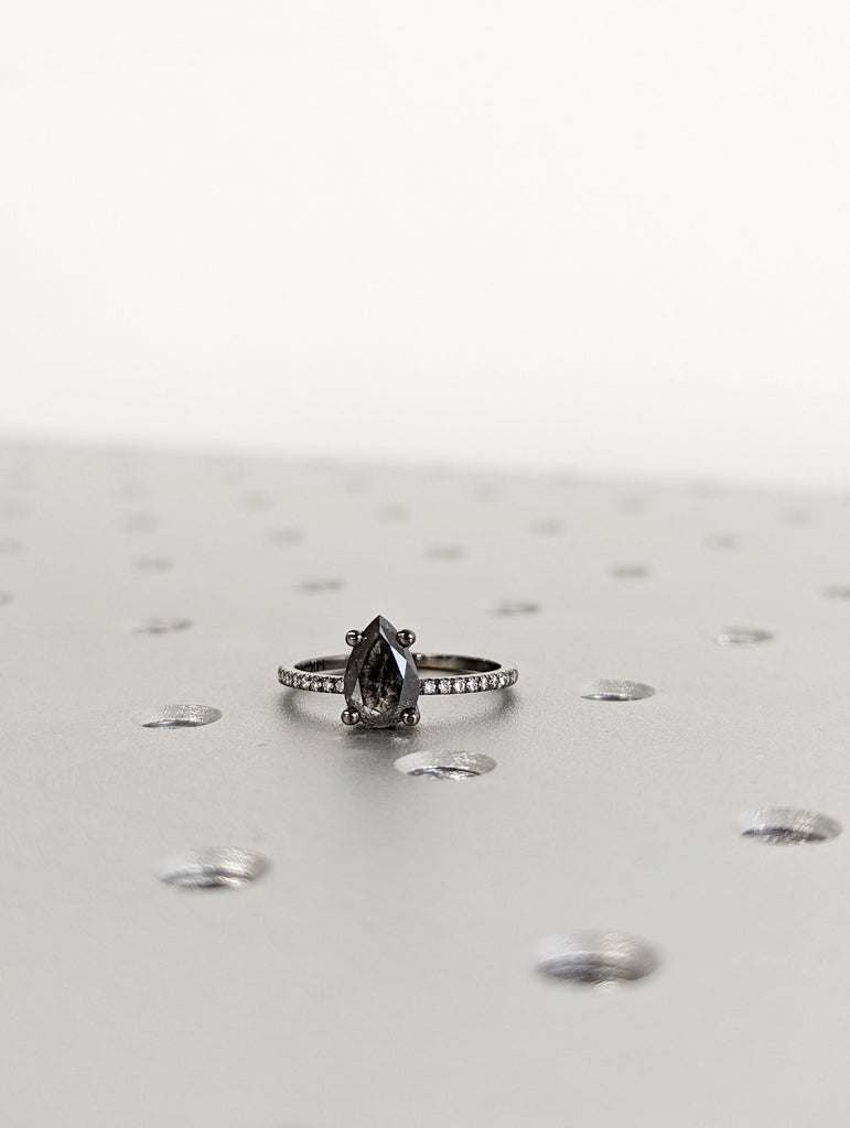 1920's Raw Salt and Pepper Diamond, Pear Diamond Ring, Unique Engagement Bridal Set, Black, Gray Pear, 14k Yellow, Rose, or White Gold