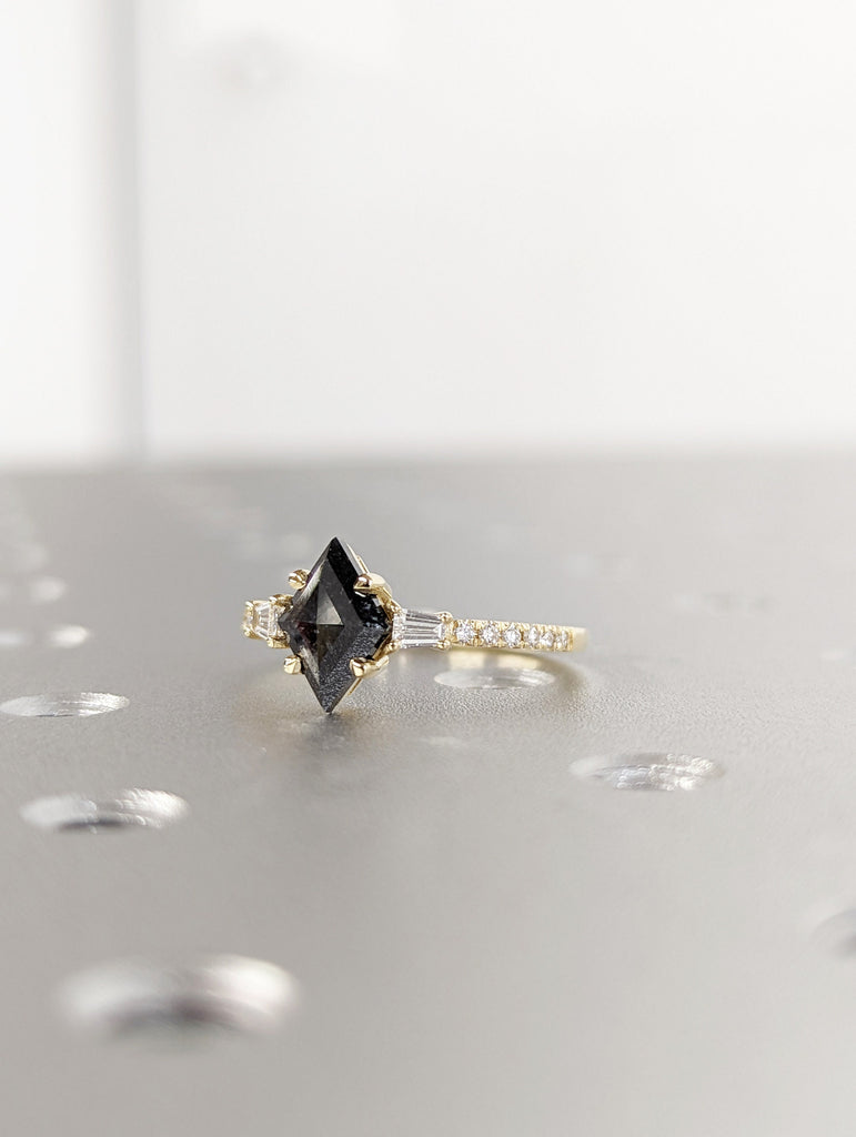 Raw Diamond Kite Baguette Diamond, Salt and Pepper, Unique Engagement Ring, Rose Cut Geometric Diamond Ring, 14k Gold, Custom Handmade