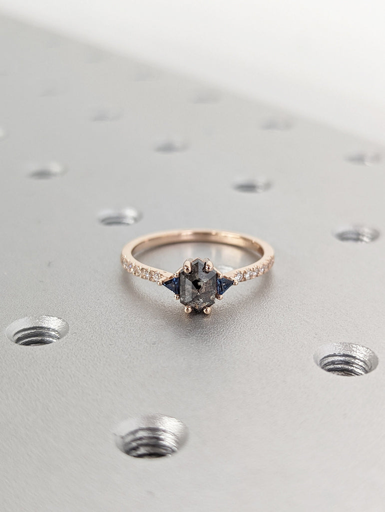 Raw Diamond Hexagon Triangle Sapphire, Salt and Pepper, Unique Engagement Ring, Rose Cut Geometric Diamond Ring, 14k Gold, Custom Handmade