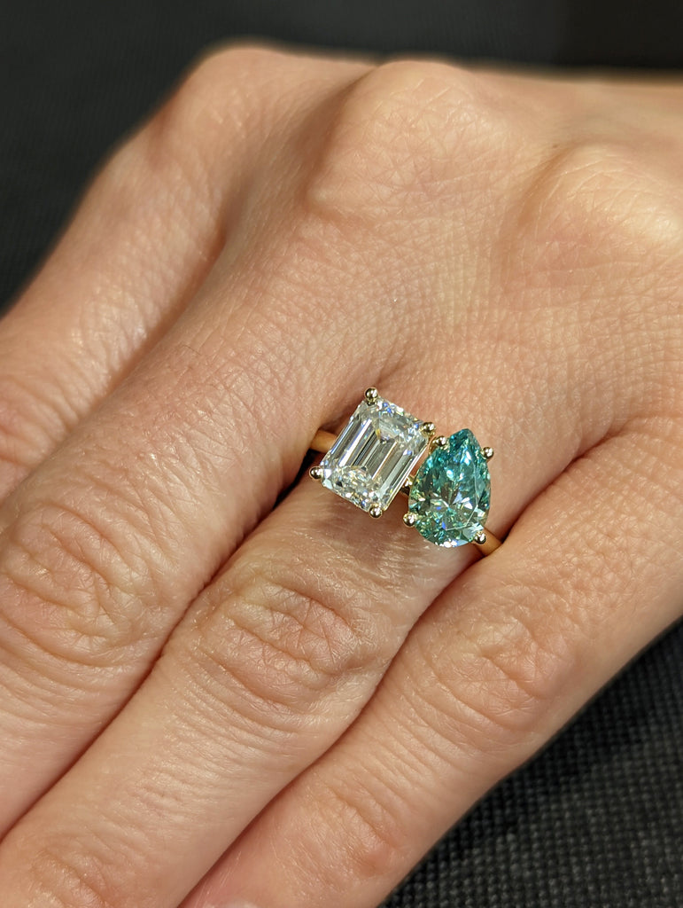 Pear And Emerald Cut Toi Et Moi Moissanite Ring / Green Pear Moissanite Engagement Ring / Yellow Gold Anniversary Ring / Two Stone Ring